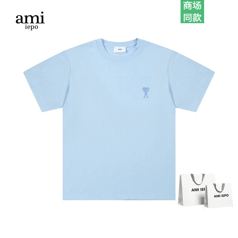 ami爱心经典同色刺绣短袖T恤男女