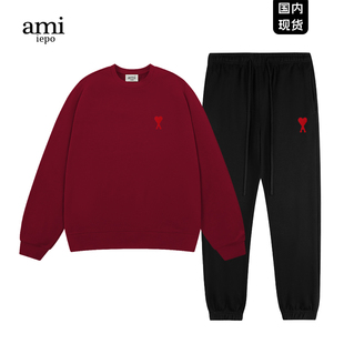 套装 Ami 潮牌运动休闲卫裤 新款 iepo官方酒红色圆领卫衣男女情侣装