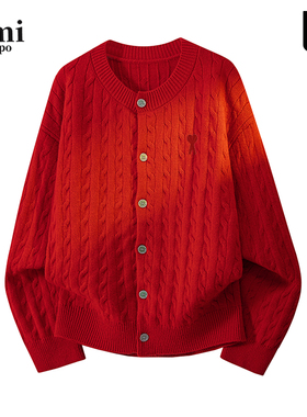 Ami iepo官方红色圣诞开衫毛衣男女情侣秋冬季慵懒百搭针织衫外套