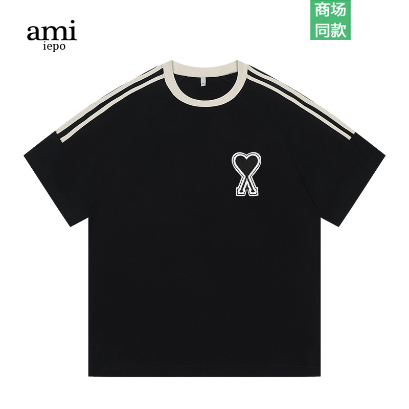 AMI IEPO官方短袖T恤男女情侣款纯棉宽松运动潮牌三条杠圆领上衣