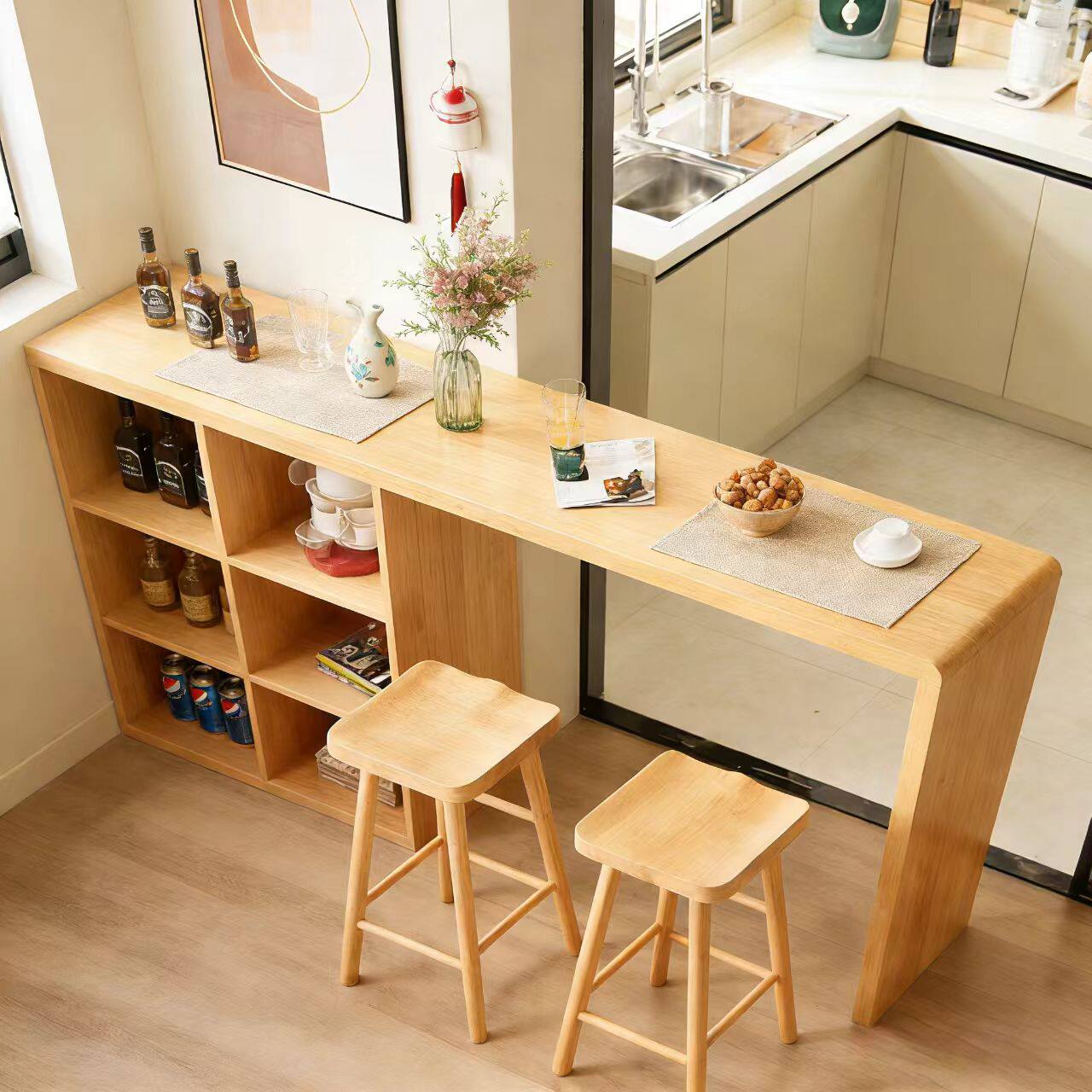 实木多功能吧台客厅厨房垭口隔断吧台桌家用高脚桌原木隔断柜一体