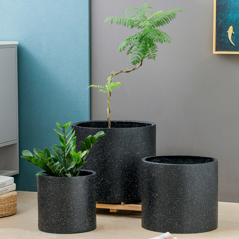 北欧黑色圆直筒镁泥花盆轻奢高级感千年木百合竹天堂鸟落地大花盆