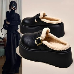 小个厚底增高松糕勃肯鞋女加绒包头拖冬季外穿皮面毛毛棉拖