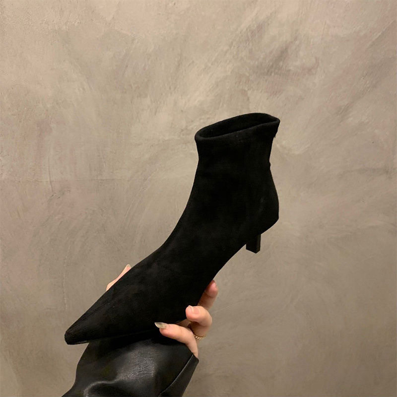 休闲风高跟尖头瘦瘦靴女鞋细跟韩系小裸靴绒面秋冬季加绒短靴