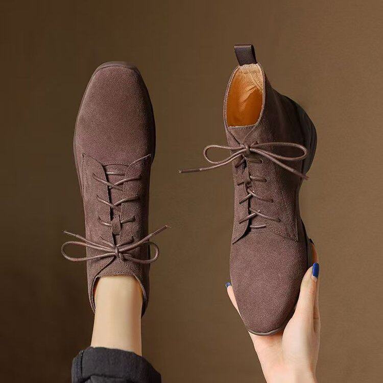 显脚小短靴女秋冬坡跟系带复古英伦风单靴加绒保暖马丁靴