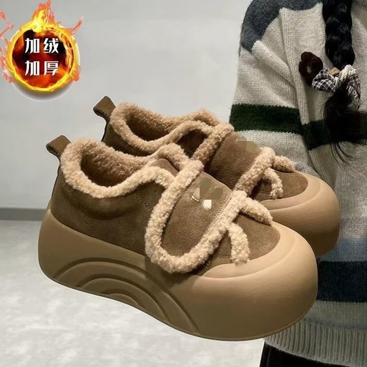 磨砂复古毛毛棉鞋女冬季魔术贴百搭加绒保暖厚底休闲板鞋