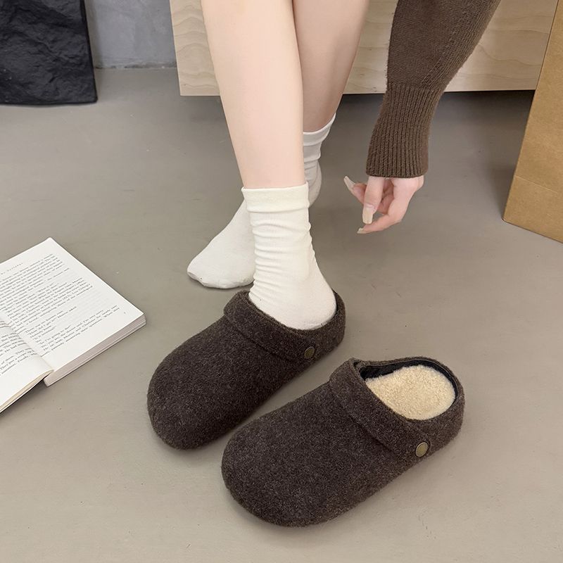 好看毛毡勃肯半拖鞋女秋冬秋冬加绒内增高一鞋两穿懒人包头拖
