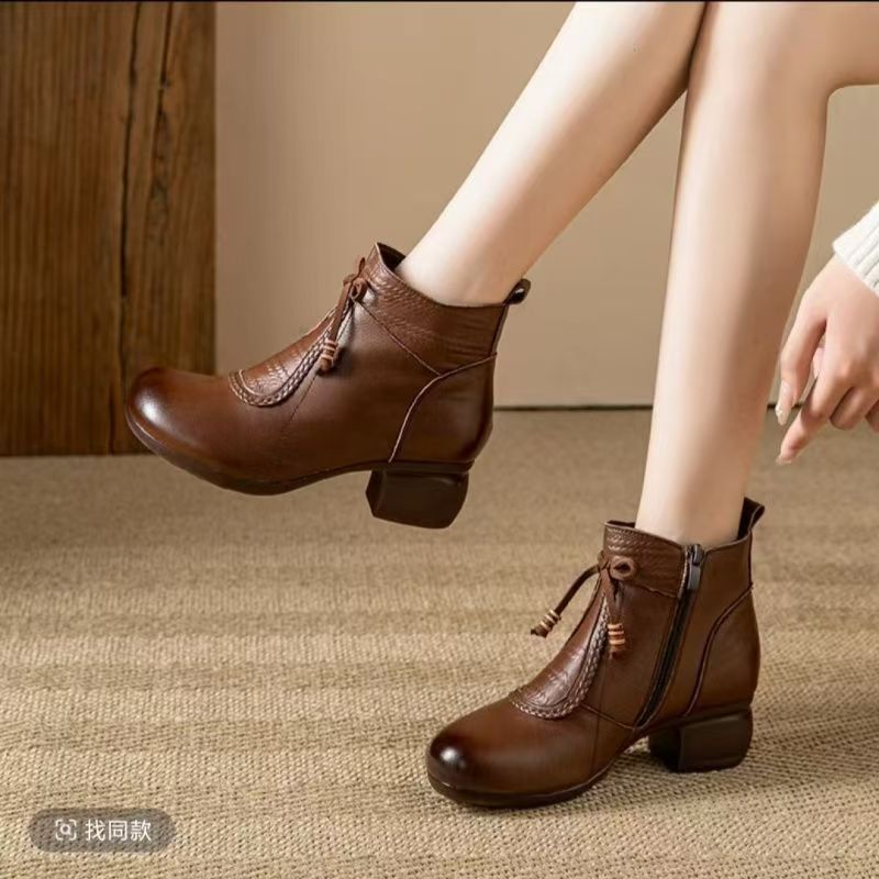 软皮马丁靴女秋冬季软面粗跟时尚气质百搭加绒保暖短靴