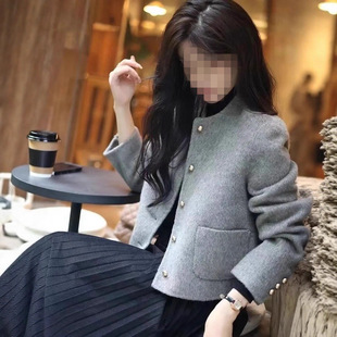 韩系灰色小香风短款外套女装毛呢单面呢秋冬季2025新款小个子大衣