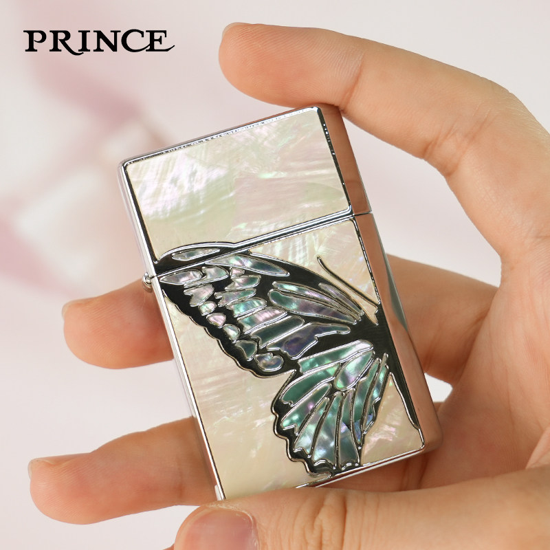 Prince王子打火机情侣款天然彩贝镶嵌蝴蝶砂轮煤油机高档创意礼物