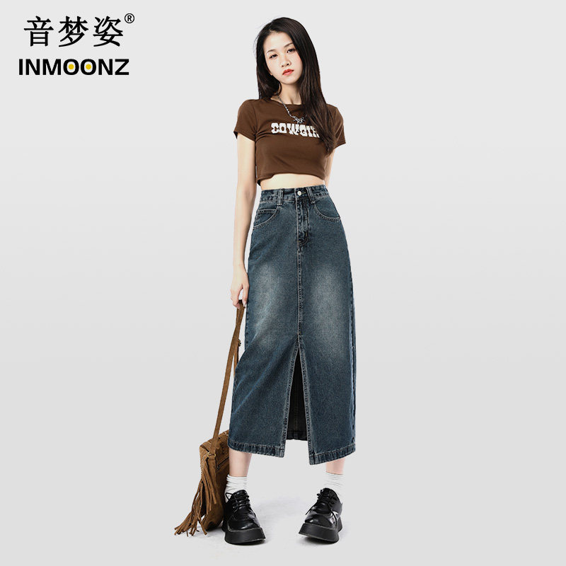 音梦姿复古蓝牛仔裙女2023春夏新款高腰显瘦中长款开叉a字半身裙