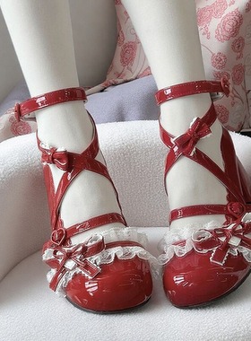 红色lolita风鞋子lo高跟女童洛丽塔甜美蝴蝶结学生2025年夏季新款