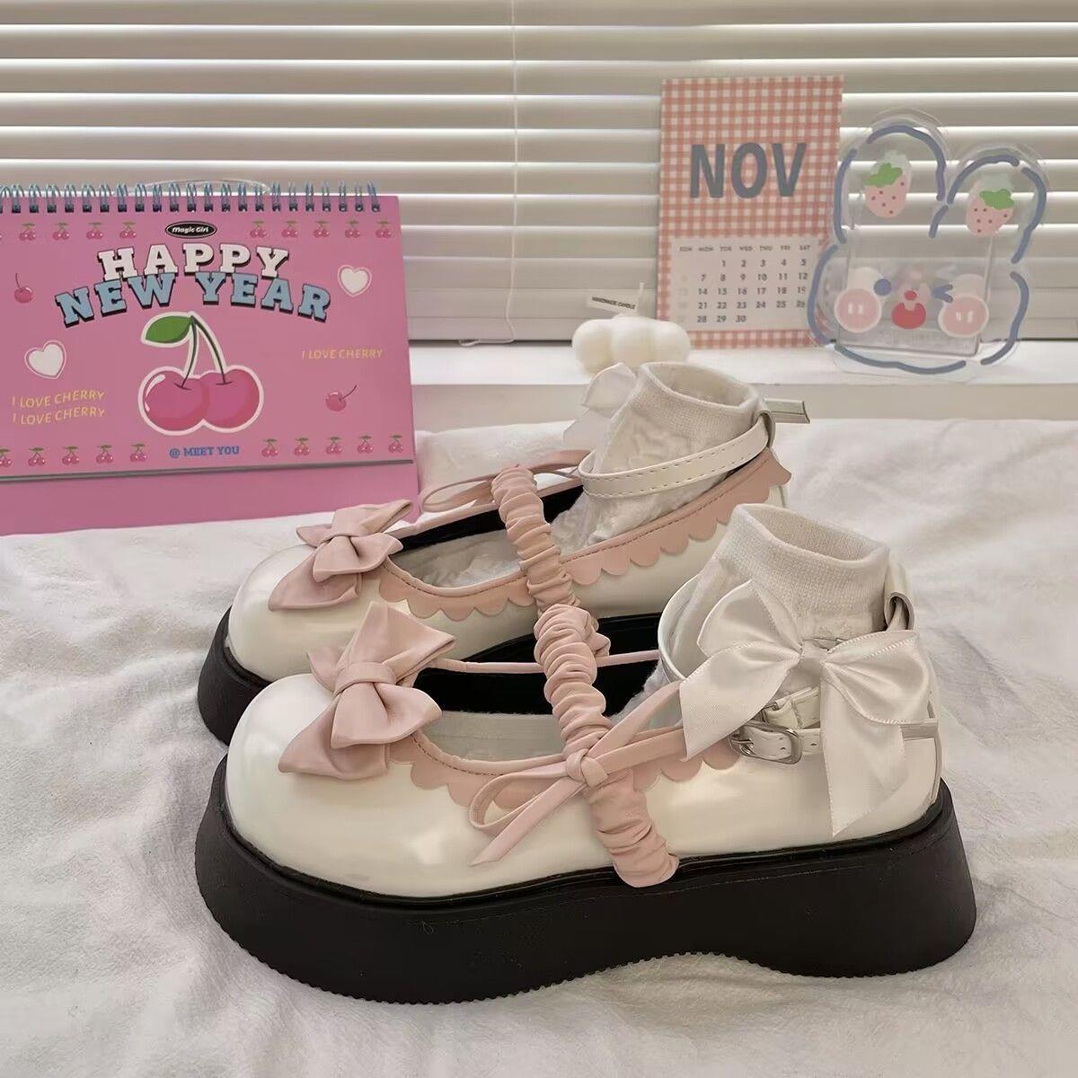 lo鞋女大童甜酷可爱圆头蝴蝶结JK