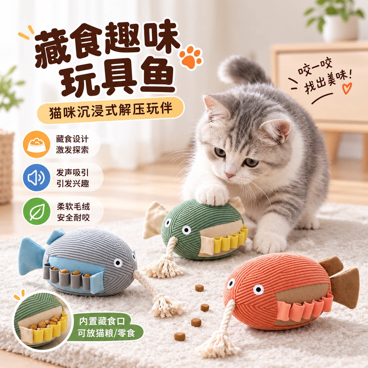 宠物猫玩具藏食玩具猫薄荷嗅闻玩具猫咪自嗨解闷神器鱼形响纸玩具