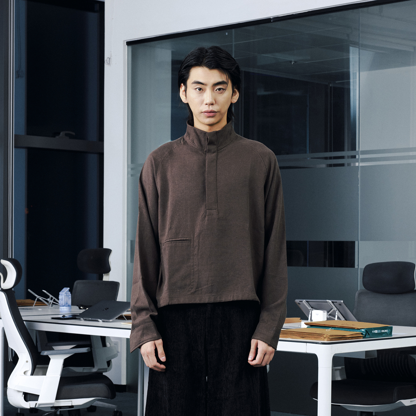 OaOO休闲开领天丝长袖T恤通勤内搭宽松休闲百搭上衣男