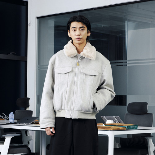 OaOO秋冬仿兔毛毛领羊毛夹克棉服