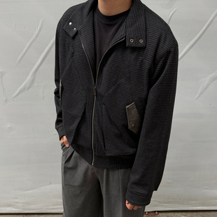 OaOO千鸟格拼接立领哈灵顿夹克休闲通勤拉链外套