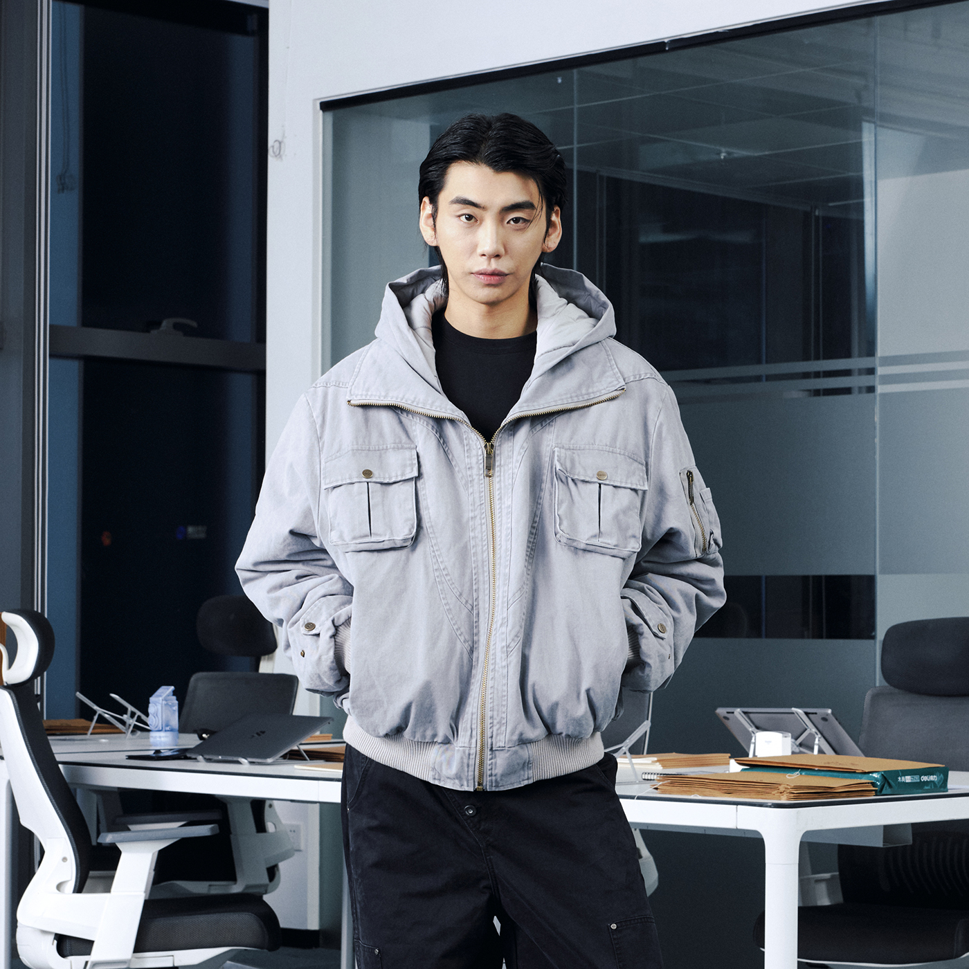 OaOO高领结构水洗做旧重工重磅连帽夹克bomber廓形棉服飞行员夹克