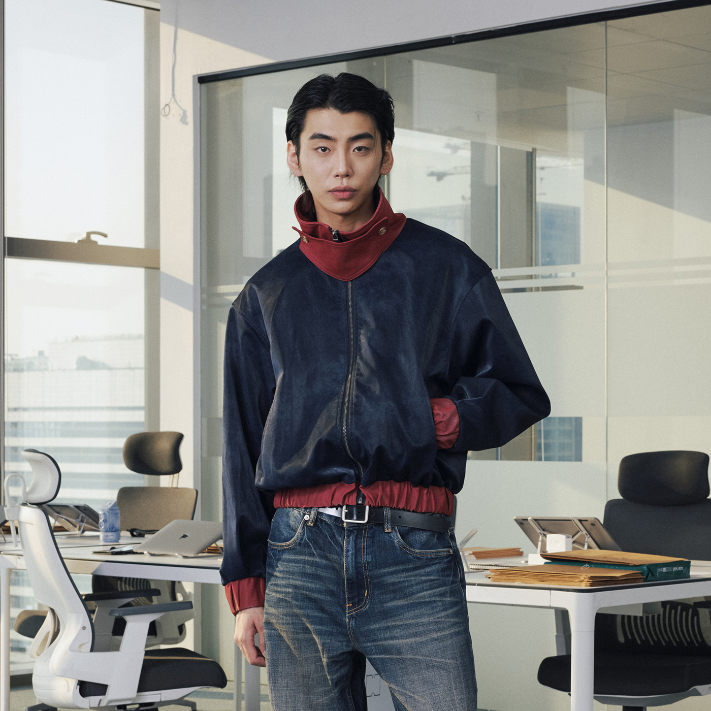 【陈思罕同款】OaOO撞色皮衣短宽拉链立领皮衣夹克外套拼接秋冬男