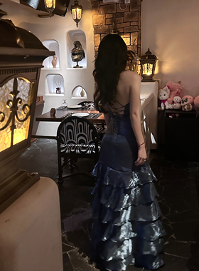 rose rain玫瑰自制区V领荷叶边连衣裙女蓝色修身显瘦气质长裙礼服