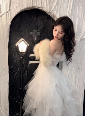 rose rain 玫瑰自制区白色晚礼服裙端羽毛款仙女抹胸宴会名媛主持