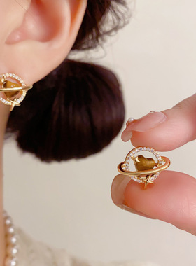 秋冬新款925纯银针满钻虎眼石爱心星球耳钉轻奢复古设计感耳环女