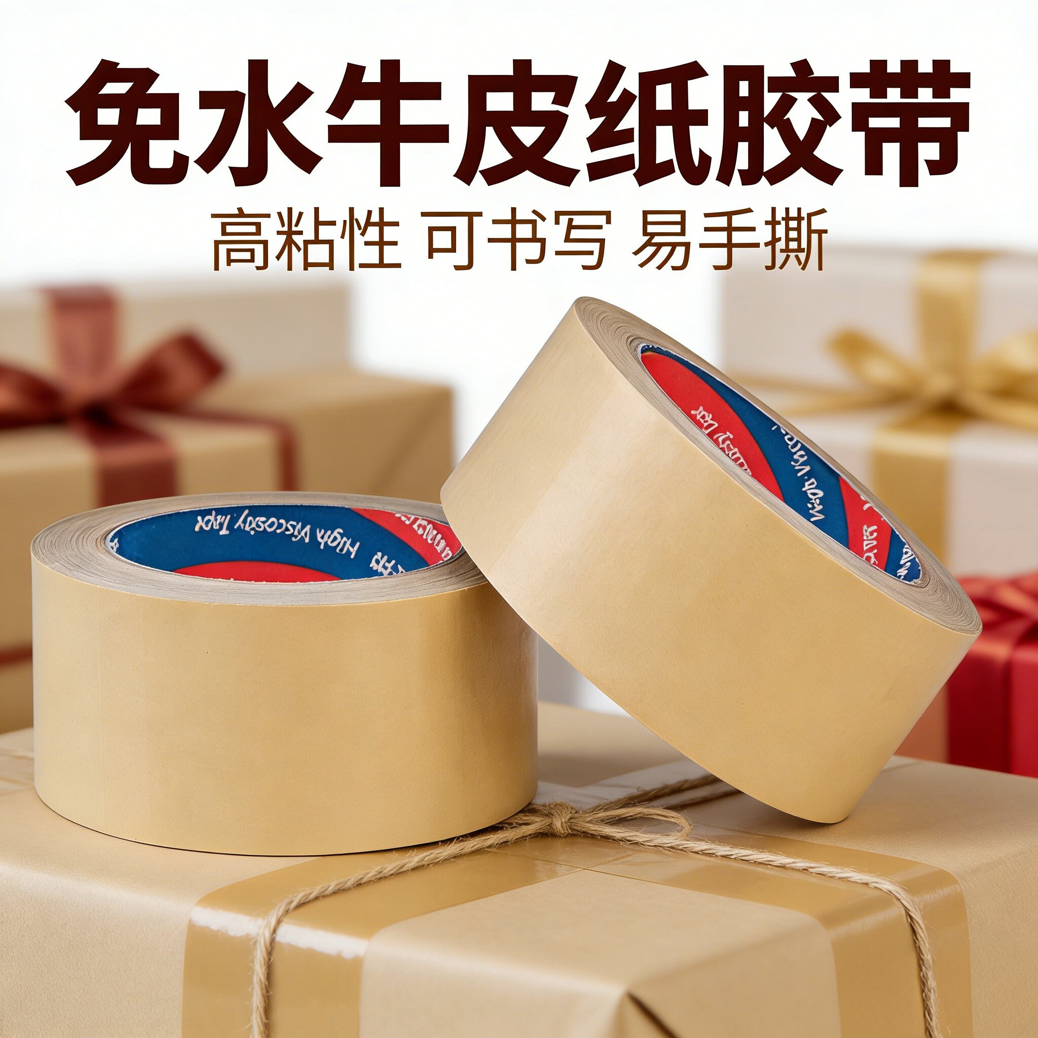 整箱牛皮纸胶带强力高粘度快递封箱装相框裱画框胶带美术生专用免水牛皮粘毛大卷加厚可手撕棕色50米胶带批发