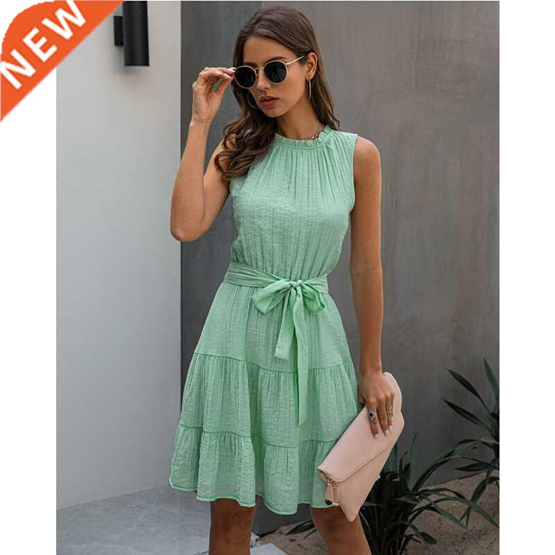2021 Summer Sweet Pleated Dress A-Line Women Sashes Dress Sl