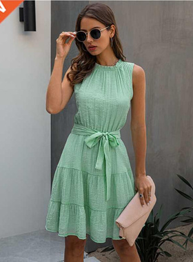 2021 Summer Sweet Pleated Dress A-Line Women Sashes Dress Sl