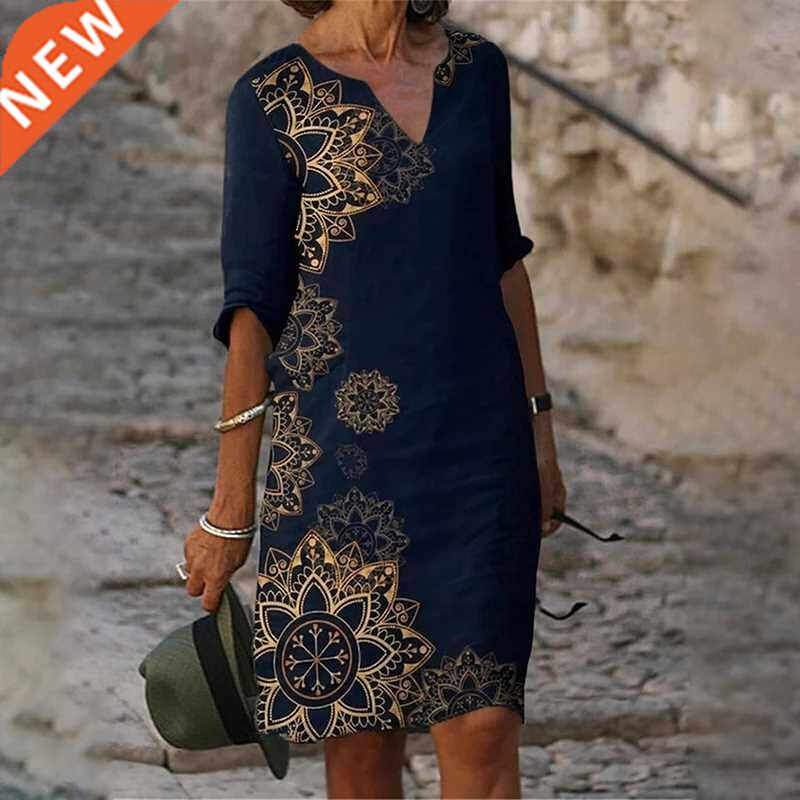 Women Elegant Geometric Print Midi Dress Summer Vintage Half