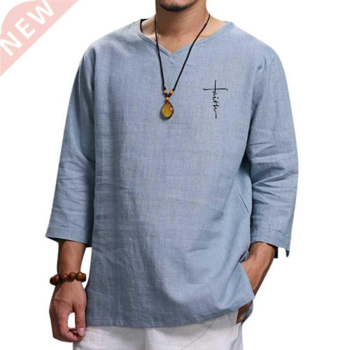 2022 New Men's V Neck Cotton Linen T Shirts Man Breathable S