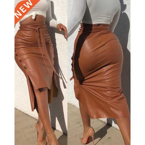 Women ndy PU Leather Midi Skirt Solid Color High Waist Lace-