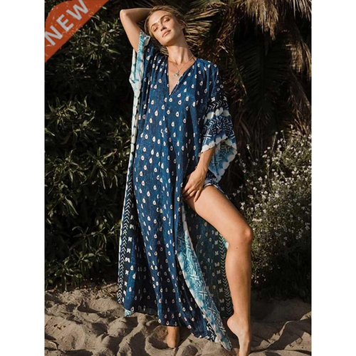 Loose Boho Style Beach Cover Up Print Dot Long Dress 2022 Ro