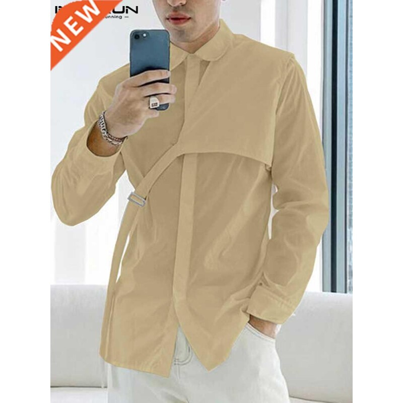 INCERUN Men Casual Shirt Lapel Long Sleeve Solid Color Setwe