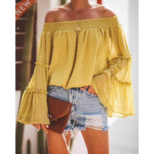 2022Summer wor neck flared sleev pullover women's top 喇叭袖