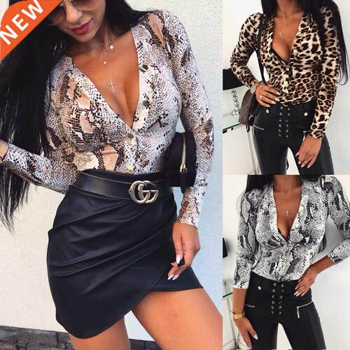 2020 Fashion Women V Neck Leopard Bosuit Long Sleeve Leota