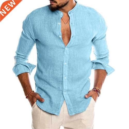 2021 New Men's Casual Blouse Cotton Linen Shirt Loose Tops S