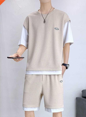 Summer Clothes Men Fake 2 Piece Set Fashion Clothing Casual