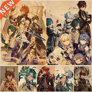 Genshin Impact Anime Posters Retro Kraft Paper Sticker DIY V