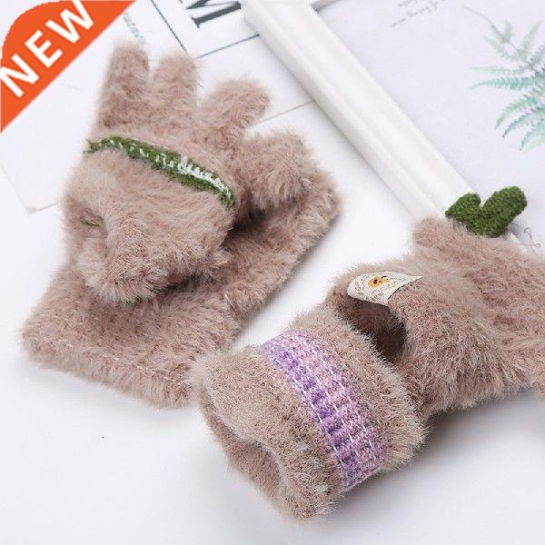 Winter Warm Knit Mittens Women Flip Half Finger Plush Thick