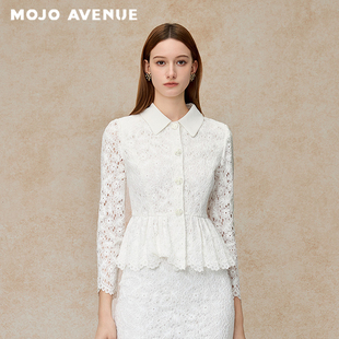 朗姿 2026千金复古白色蕾丝短外套翻领收腰荷叶边上衣 MOJO夏新品