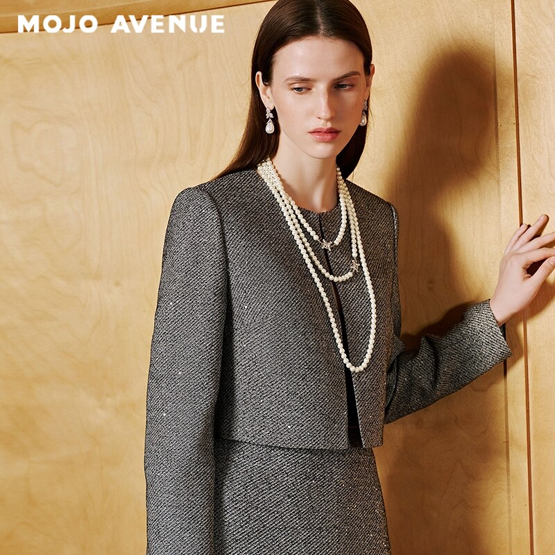 朗姿/MOJO AVENUE莫佐2026春新品经典黑白细花呢短外套女气质通勤