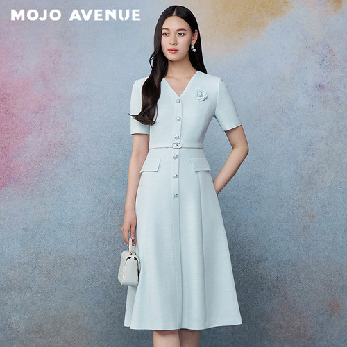 朗姿/MOJO莫佐夏季名媛千金连衣裙短袖V领收腰优雅中长裙通勤约会