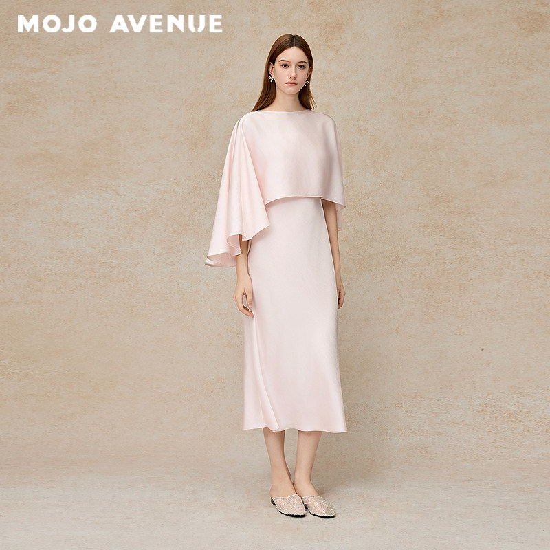 【黄圣依同款】朗姿/MOJO26夏新品缎面高级感浪漫粉色披肩连衣裙