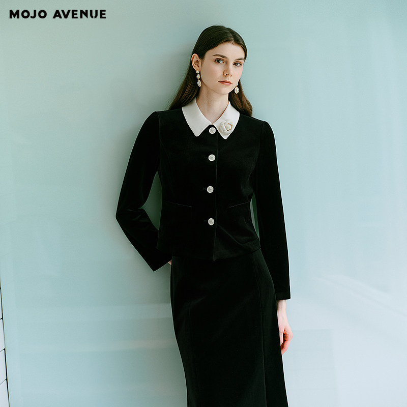 朗姿/MOJO AVENUE莫佐2025冬新款优雅翻领丝绒短外套女法式经典黑,女装/女士精品,短外套,淘宝优惠券,粉丝福利购,淘宝优惠卷