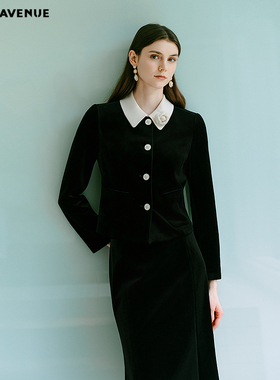 MOJO AVENUE莫佐2025冬新款优雅翻领丝绒短外套女法式经典黑白收