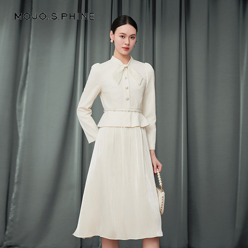 MOJO莫佐2025秋新款假两件连衣裙女士优雅精致提花飘带领收腰裙子