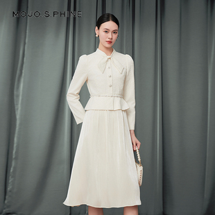 假两件连衣裙女士优雅精致提花飘带领收腰裙子 MOJO莫佐2025秋新款