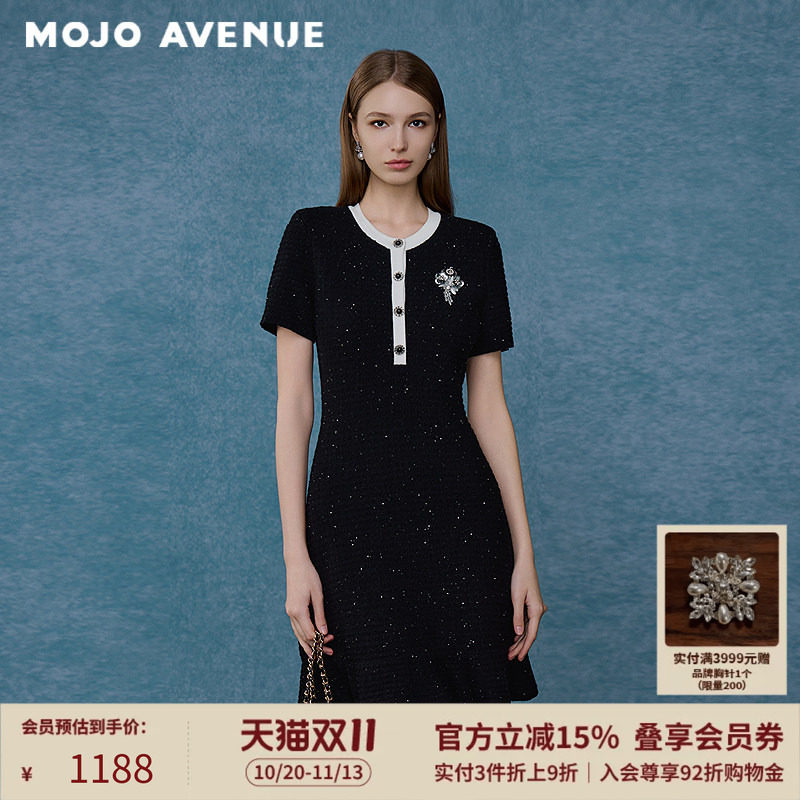 朗姿/MOJO秋新品2026夜幕繁星短袖连衣裙学院风修身撞色休闲A字裙