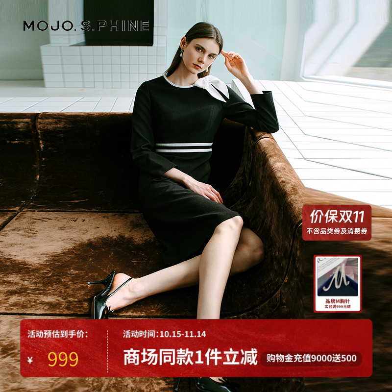 MOJO莫佐2025新款法式名媛蝴蝶结连衣裙女秋优雅黑白撞色晚宴通勤
